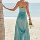 Sheath/Column Square Neckline Sleeveless Floor-Length Stretch Satin Bridesmaid Dresses with Pleated Split Liliana DEP0025282