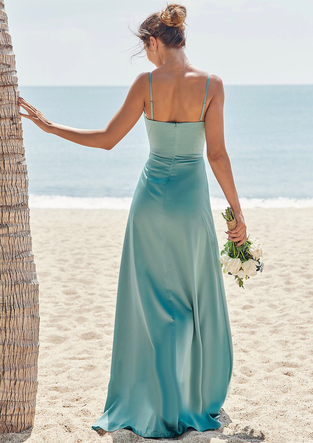 Sheath/Column Square Neckline Sleeveless Floor-Length Stretch Satin Bridesmaid Dresses with Pleated Split Liliana DEP0025282