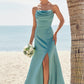 Sheath/Column Square Neckline Sleeveless Floor-Length Stretch Satin Bridesmaid Dresses with Pleated Split Liliana DEP0025282