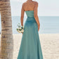 Sheath/Column Square Neckline Sleeveless Floor-Length Stretch Satin Bridesmaid Dresses with Pleated Split Liliana DEP0025282