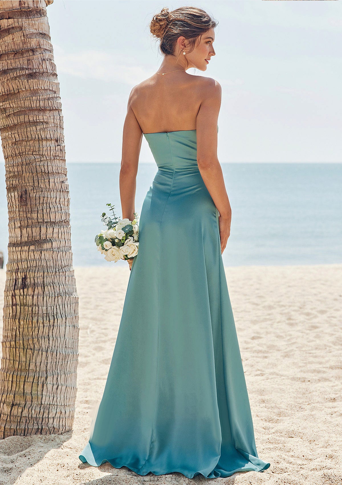 Sheath/Column Square Neckline Sleeveless Floor-Length Stretch Satin Bridesmaid Dresses with Pleated Split Liliana DEP0025282