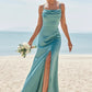 Sheath/Column Square Neckline Sleeveless Floor-Length Stretch Satin Bridesmaid Dresses with Pleated Split Liliana DEP0025282