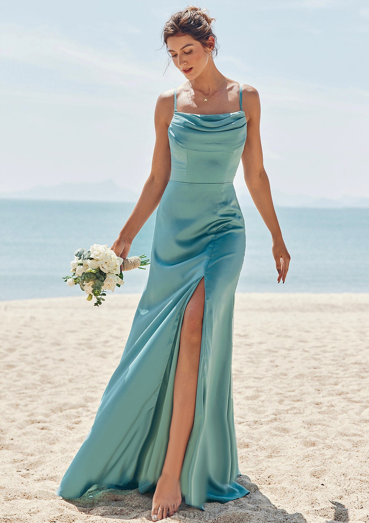 Sheath/Column Square Neckline Sleeveless Floor-Length Stretch Satin Bridesmaid Dresses with Pleated Split Liliana DEP0025282