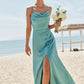 Sheath/Column Square Neckline Sleeveless Floor-Length Stretch Satin Bridesmaid Dresses with Pleated Split Liliana DEP0025282