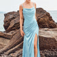 Trumpet/Mermaid Cowl Neck Sleeveless Floor-Length Stretch Satin Bridesmaid Dresses with Pleated Split Larissa DEP0025283