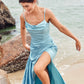 Trumpet/Mermaid Cowl Neck Sleeveless Floor-Length Stretch Satin Bridesmaid Dresses with Pleated Split Larissa DEP0025283