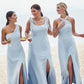 A-line One-Shoulder Sleeveless Floor-Length Stretch Crepe Bridesmaid Dresses with Pleated Split Hortensia DEP0025284