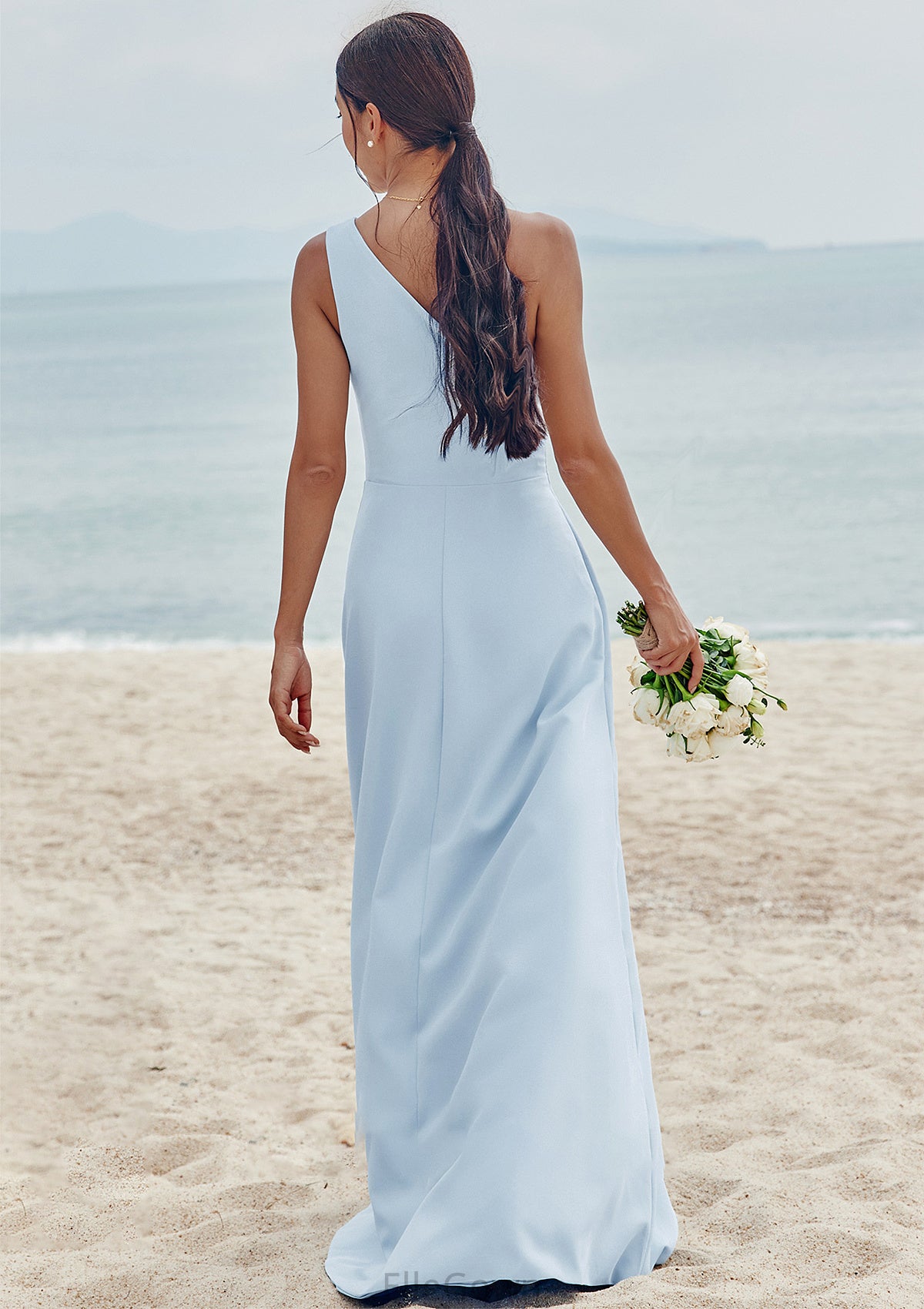 A-line One-Shoulder Sleeveless Floor-Length Stretch Crepe Bridesmaid Dresses with Pleated Split Hortensia DEP0025284