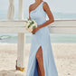 A-line One-Shoulder Sleeveless Floor-Length Stretch Crepe Bridesmaid Dresses with Pleated Split Hortensia DEP0025284