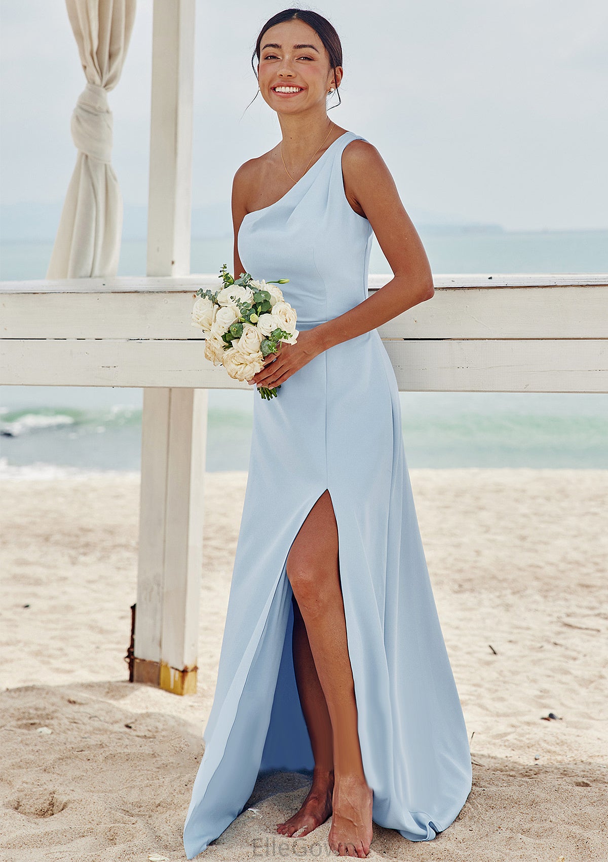 A-line One-Shoulder Sleeveless Floor-Length Stretch Crepe Bridesmaid Dresses with Pleated Split Hortensia DEP0025284