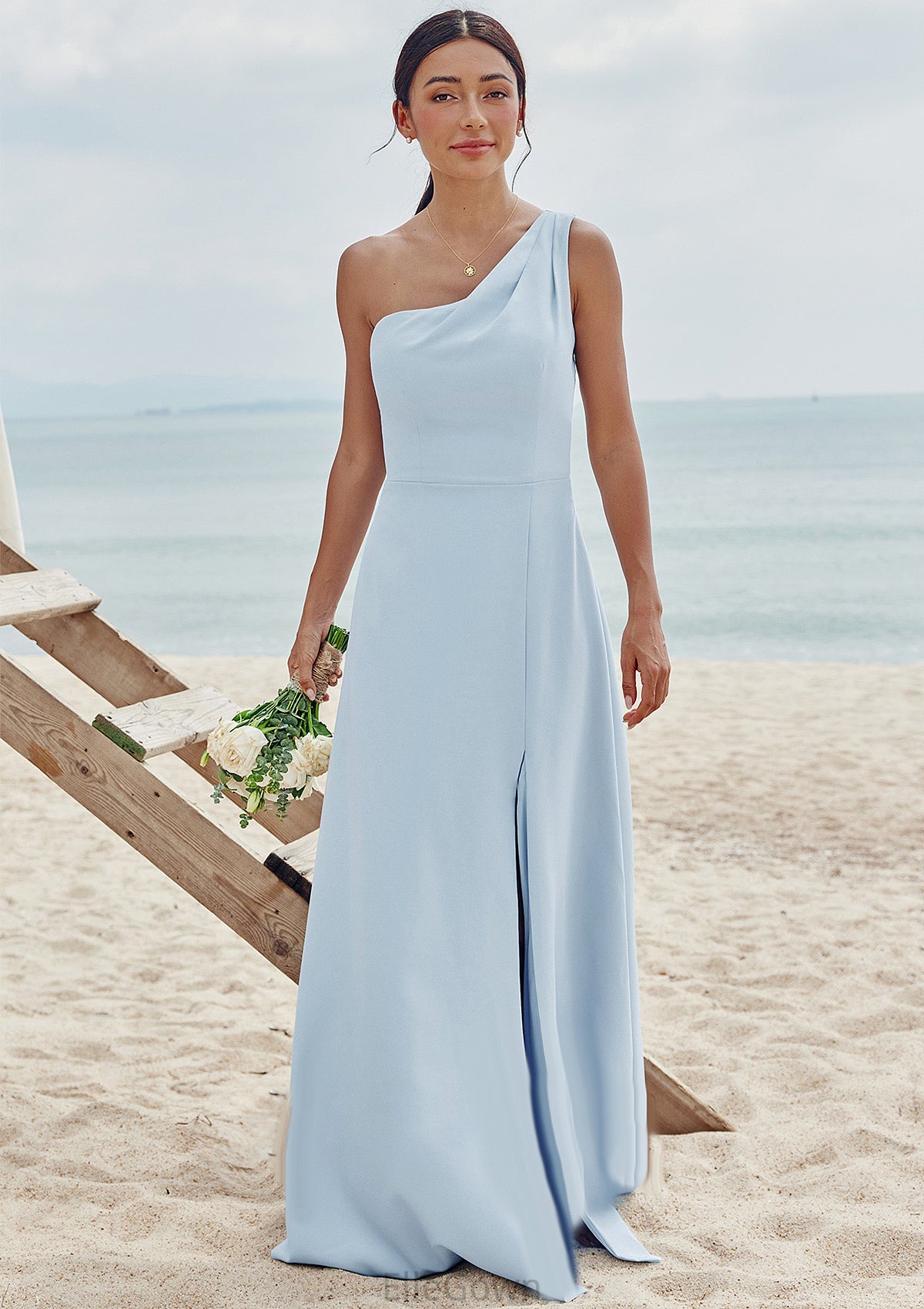 A-line One-Shoulder Sleeveless Floor-Length Stretch Crepe Bridesmaid Dresses with Pleated Split Hortensia DEP0025284