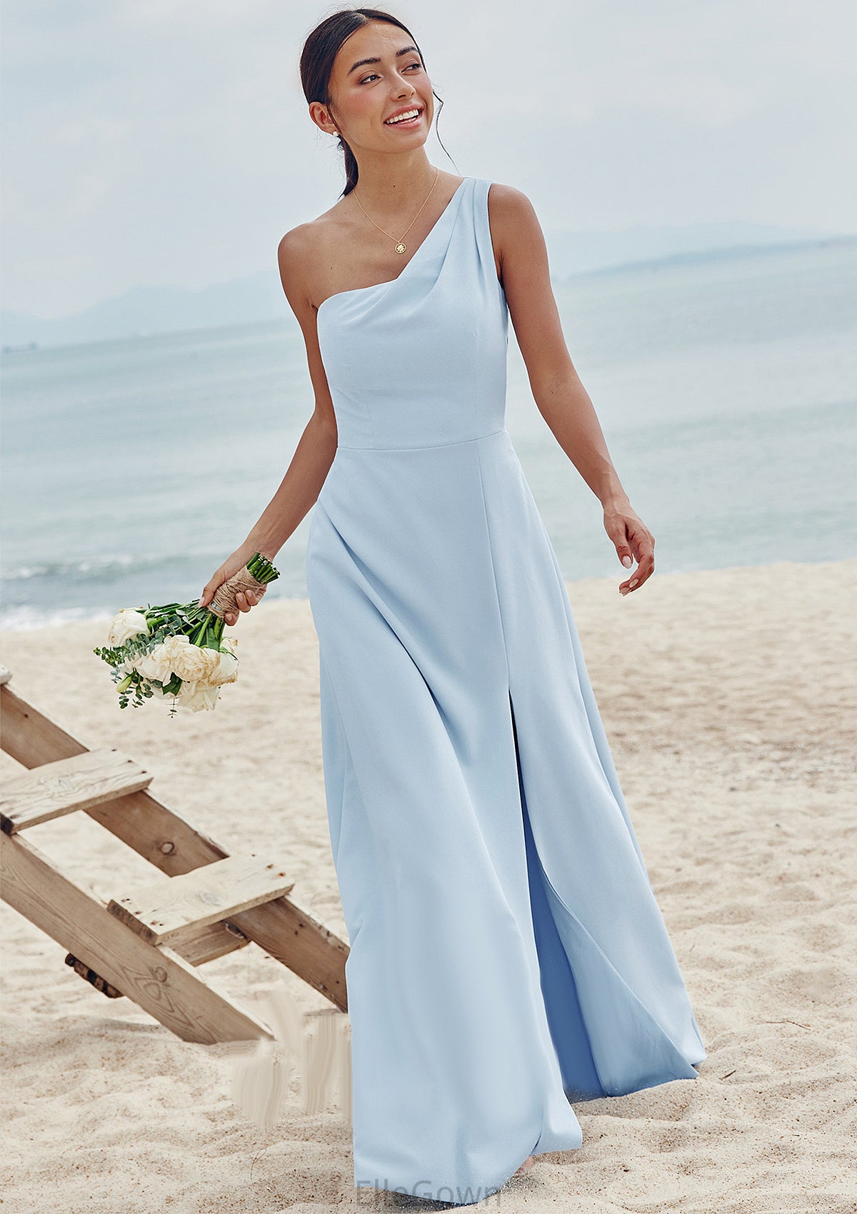 A-line One-Shoulder Sleeveless Floor-Length Stretch Crepe Bridesmaid Dresses with Pleated Split Hortensia DEP0025284