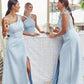 A-line One-Shoulder Sleeveless Floor-Length Stretch Crepe Bridesmaid Dresses with Pleated Split Hortensia DEP0025284