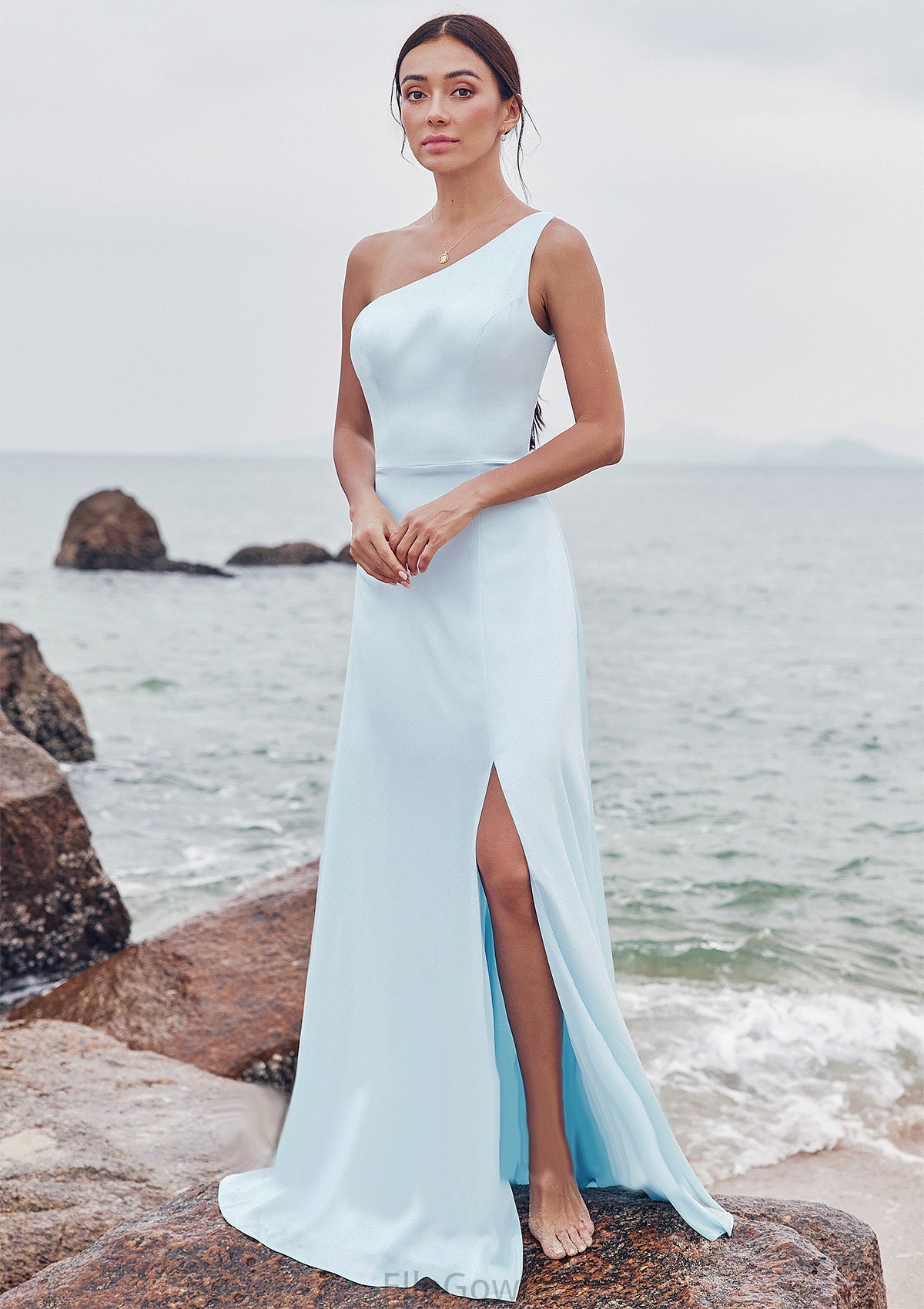 A-line One-Shoulder Sleeveless Floor-Length Stretch Satin Bridesmaid Dresses with Split Jaylyn DEP0025285