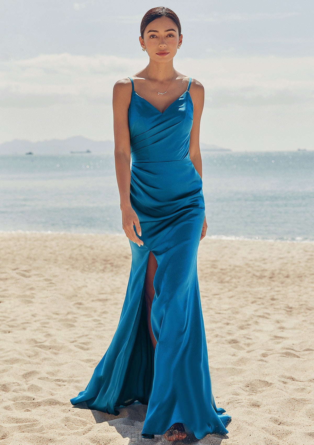 Trumpet/Mermaid V Neck Sleeveless Floor-Length Stretch Satin Bridesmaid Dresses with Pleated Split Brooke DEP0025286