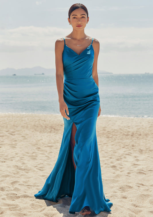 Trumpet/Mermaid V Neck Sleeveless Floor-Length Stretch Satin Bridesmaid Dresses with Pleated Split Brooke DEP0025286