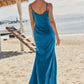 Trumpet/Mermaid V Neck Sleeveless Floor-Length Stretch Satin Bridesmaid Dresses with Pleated Split Brooke DEP0025286