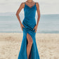 Trumpet/Mermaid V Neck Sleeveless Floor-Length Stretch Satin Bridesmaid Dresses with Pleated Split Brooke DEP0025286