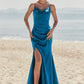 Trumpet/Mermaid V Neck Sleeveless Floor-Length Stretch Satin Bridesmaid Dresses with Pleated Split Brooke DEP0025286