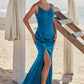 Trumpet/Mermaid V Neck Sleeveless Floor-Length Stretch Satin Bridesmaid Dresses with Pleated Split Brooke DEP0025286