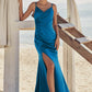 Trumpet/Mermaid V Neck Sleeveless Floor-Length Stretch Satin Bridesmaid Dresses with Pleated Split Brooke DEP0025286