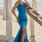 Trumpet/Mermaid V Neck Sleeveless Floor-Length Stretch Satin Bridesmaid Dresses with Pleated Split Brooke DEP0025286