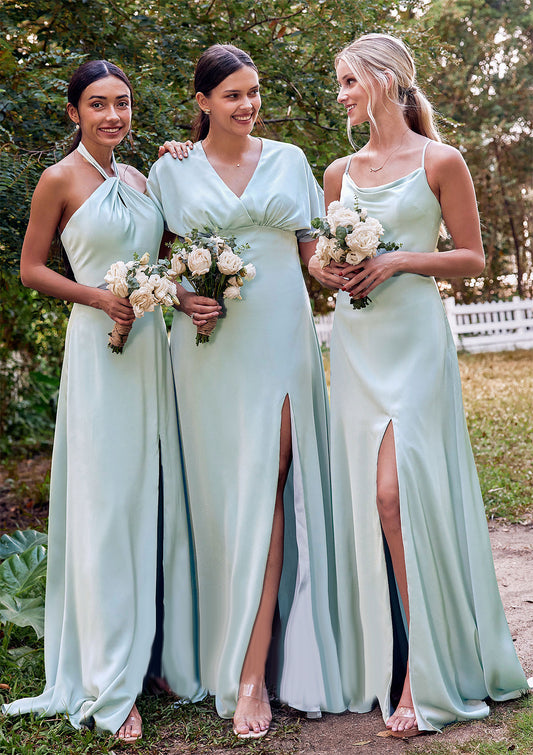 A-line Halter Sleeveless Floor-Length Stretch Satin Bridesmaid Dresses with Split Adrienne DEP0025287