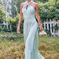 A-line Halter Sleeveless Floor-Length Stretch Satin Bridesmaid Dresses with Split Adrienne DEP0025287