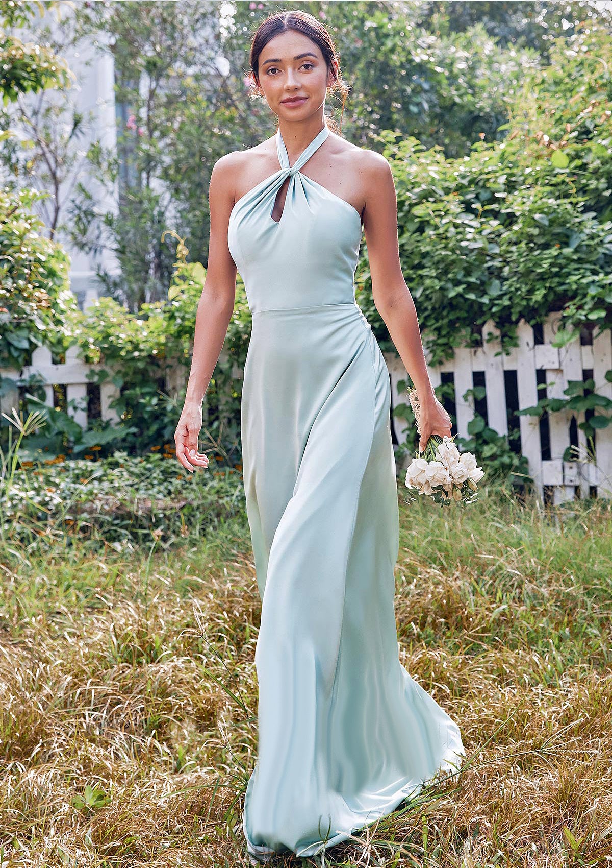 A-line Halter Sleeveless Floor-Length Stretch Satin Bridesmaid Dresses with Split Adrienne DEP0025287