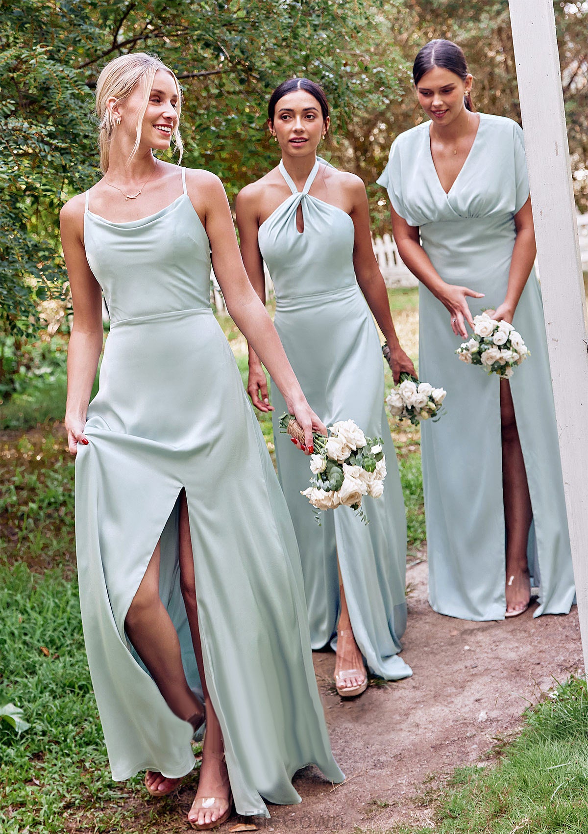 A-line Halter Sleeveless Floor-Length Stretch Satin Bridesmaid Dresses with Split Adrienne DEP0025287