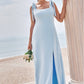 A-line Square Neckline Sleeveless Floor-Length Stretch Crepe Bridesmaid Dresses with Split Viola DEP0025288