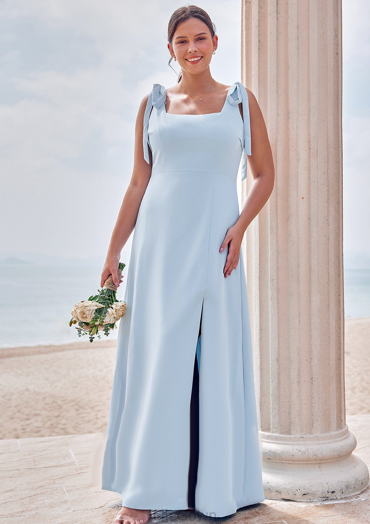 A-line Square Neckline Sleeveless Floor-Length Stretch Crepe Bridesmaid Dresses with Split Viola DEP0025288