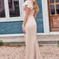 Sheath/Column V Neck Short Sleeve Floor-Length Stretch Satin Bridesmaid Dresses with Ruffles Split Anya DEP0025290