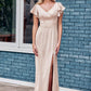 Sheath/Column V Neck Short Sleeve Floor-Length Stretch Satin Bridesmaid Dresses with Ruffles Split Anya DEP0025290