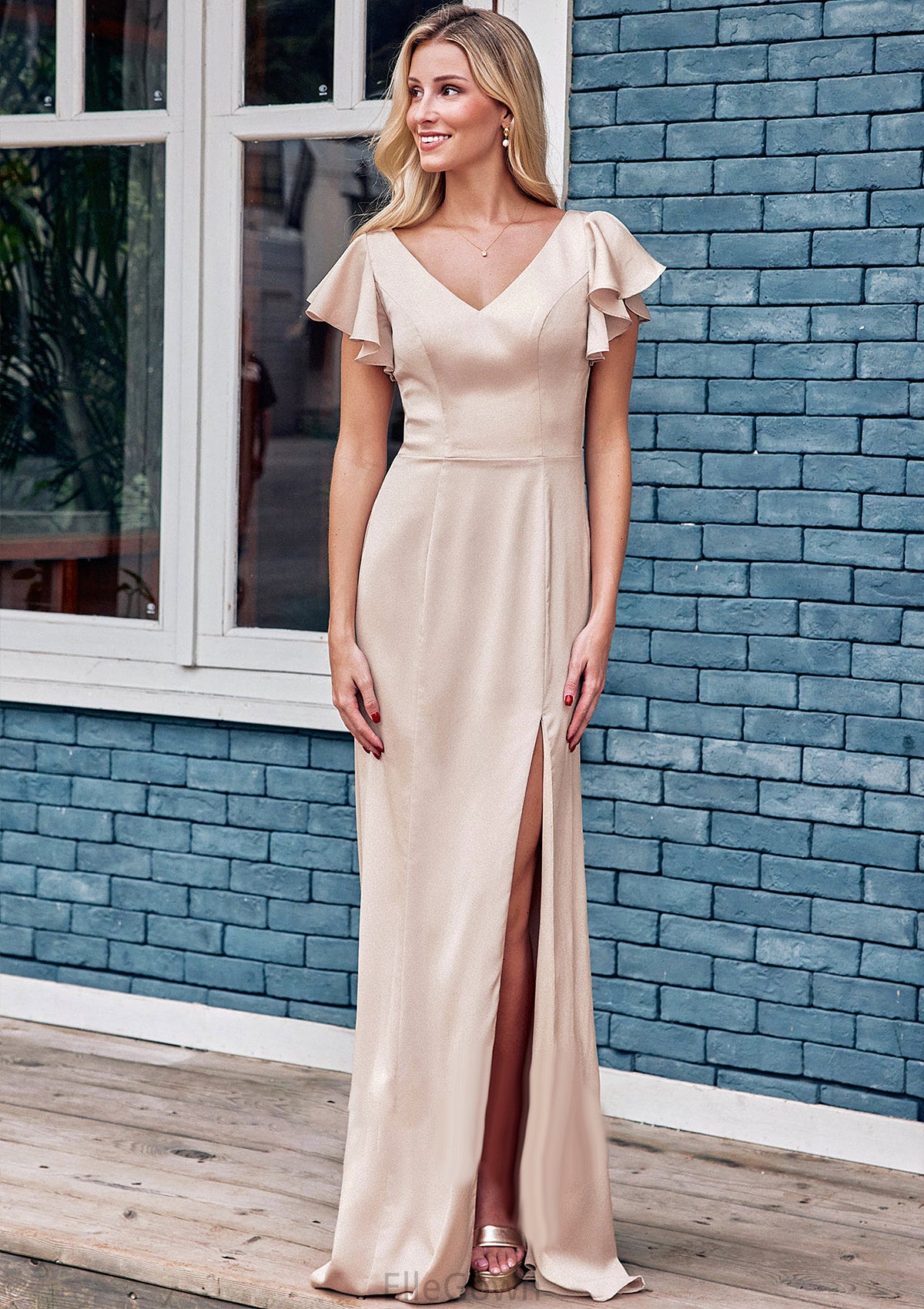 Sheath/Column V Neck Short Sleeve Floor-Length Stretch Satin Bridesmaid Dresses with Ruffles Split Anya DEP0025290