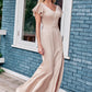 Sheath/Column V Neck Short Sleeve Floor-Length Stretch Satin Bridesmaid Dresses with Ruffles Split Anya DEP0025290