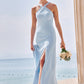 Sheath/Column Halter Sleeveless Floor-Length Stretch Crepe Bridesmaid Dresses with Split Lisa DEP0025291