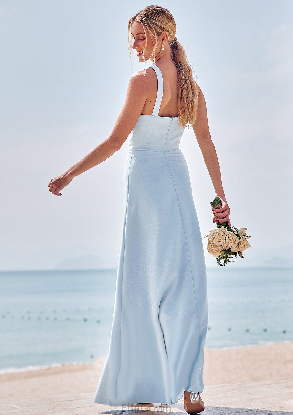 Sheath/Column Halter Sleeveless Floor-Length Stretch Crepe Bridesmaid Dresses with Split Lisa DEP0025291