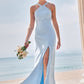 Sheath/Column Halter Sleeveless Floor-Length Stretch Crepe Bridesmaid Dresses with Split Lisa DEP0025291