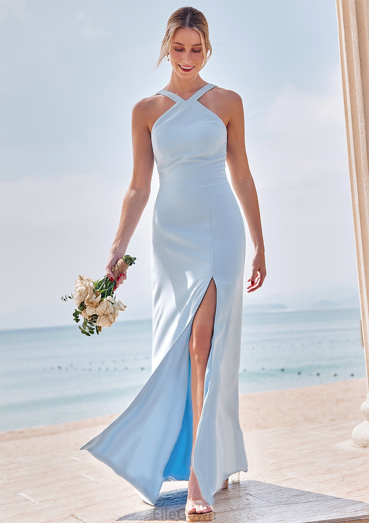 Sheath/Column Halter Sleeveless Floor-Length Stretch Crepe Bridesmaid Dresses with Split Lisa DEP0025291