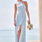 Sheath/Column Halter Sleeveless Floor-Length Stretch Crepe Bridesmaid Dresses with Split Lisa DEP0025291