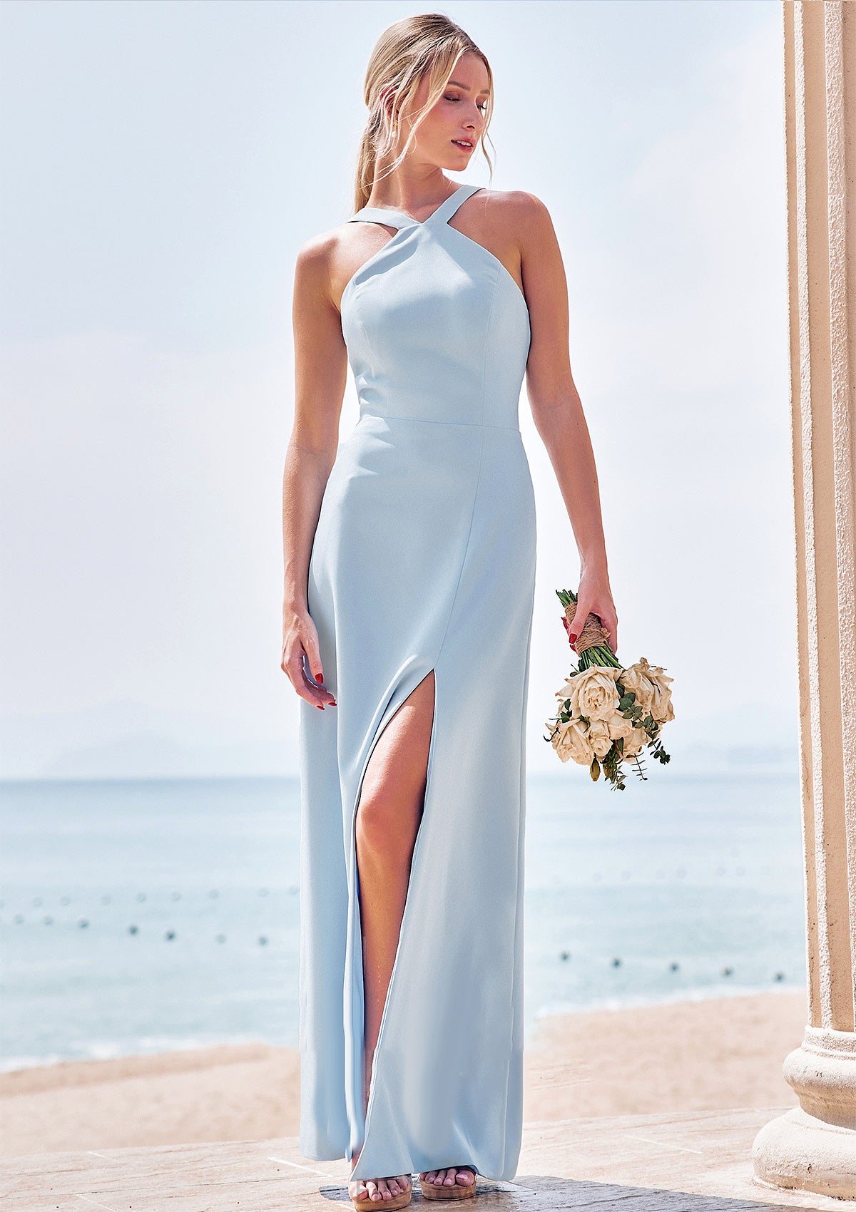 Sheath/Column Halter Sleeveless Floor-Length Stretch Crepe Bridesmaid Dresses with Split Lisa DEP0025291