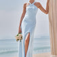 Sheath/Column Halter Sleeveless Floor-Length Stretch Crepe Bridesmaid Dresses with Split Lisa DEP0025291