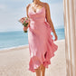 A-line V Neck Sleeveless Asymmetrical Stretch Satin Bridesmaid Dresses with Sashes Ruffles Allison DEP0025292