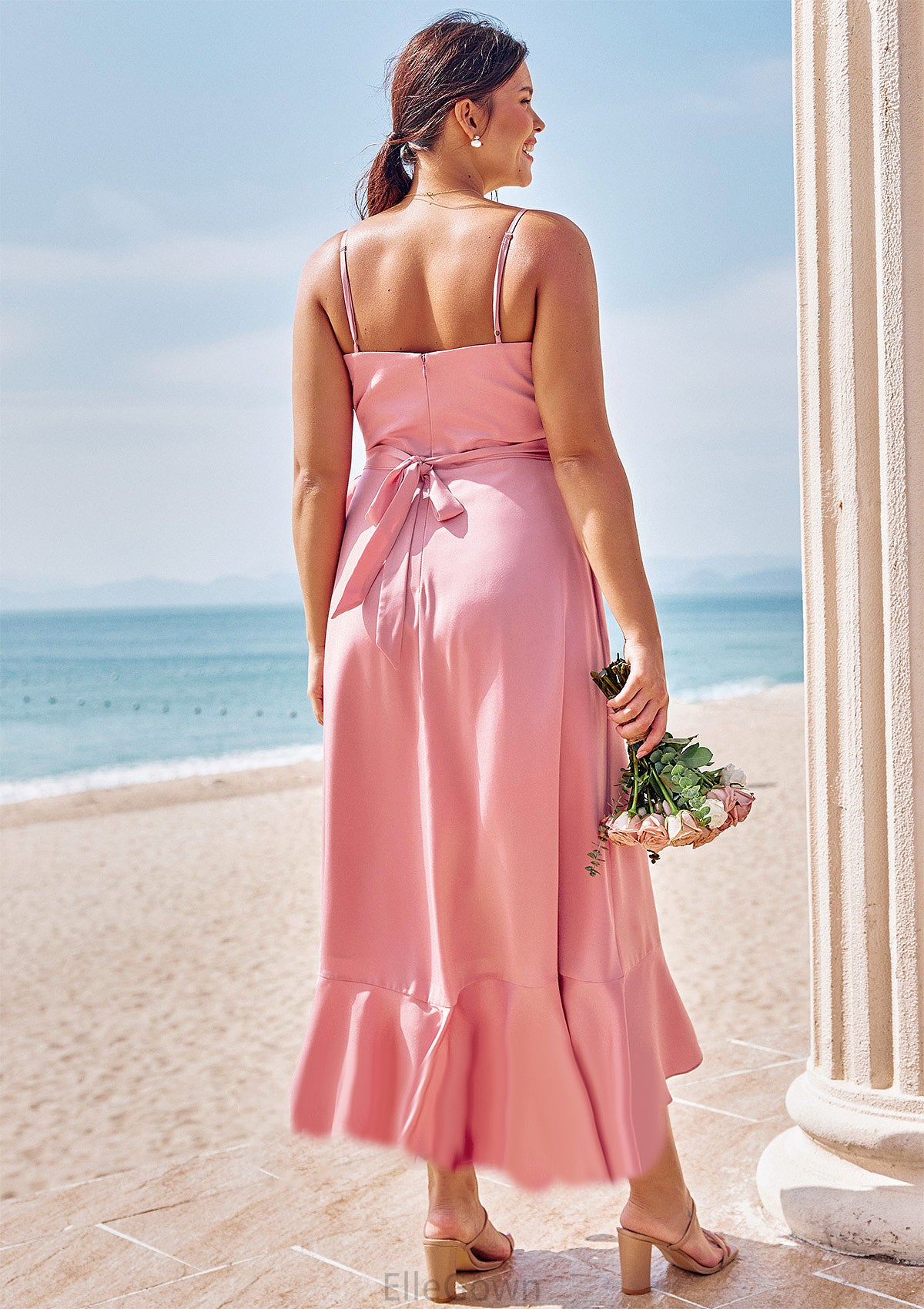 A-line V Neck Sleeveless Asymmetrical Stretch Satin Bridesmaid Dresses with Sashes Ruffles Allison DEP0025292