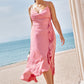 A-line V Neck Sleeveless Asymmetrical Stretch Satin Bridesmaid Dresses with Sashes Ruffles Allison DEP0025292