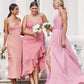 A-line V Neck Sleeveless Asymmetrical Stretch Satin Bridesmaid Dresses with Sashes Ruffles Allison DEP0025292