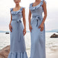 Sheath/Column Scoop Neck Sleeveless Floor-Length Stretch Satin Bridesmaid Dresses with Sashes Ruffles Destinee DEP0025293