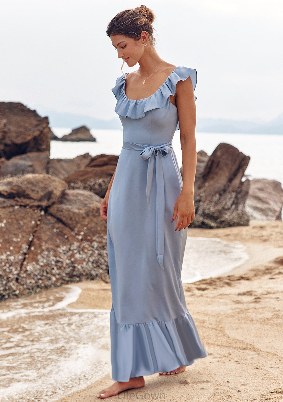 Sheath/Column Scoop Neck Sleeveless Floor-Length Stretch Satin Bridesmaid Dresses with Sashes Ruffles Destinee DEP0025293