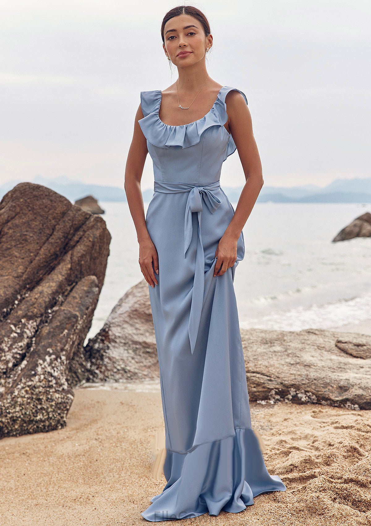 Sheath/Column Scoop Neck Sleeveless Floor-Length Stretch Satin Bridesmaid Dresses with Sashes Ruffles Destinee DEP0025293